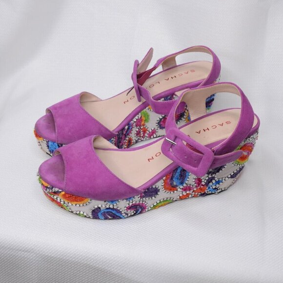 Sacha London Y2K Purple Embroidered Floral Wedge Heels Sz 9 - Picture 4 of 8